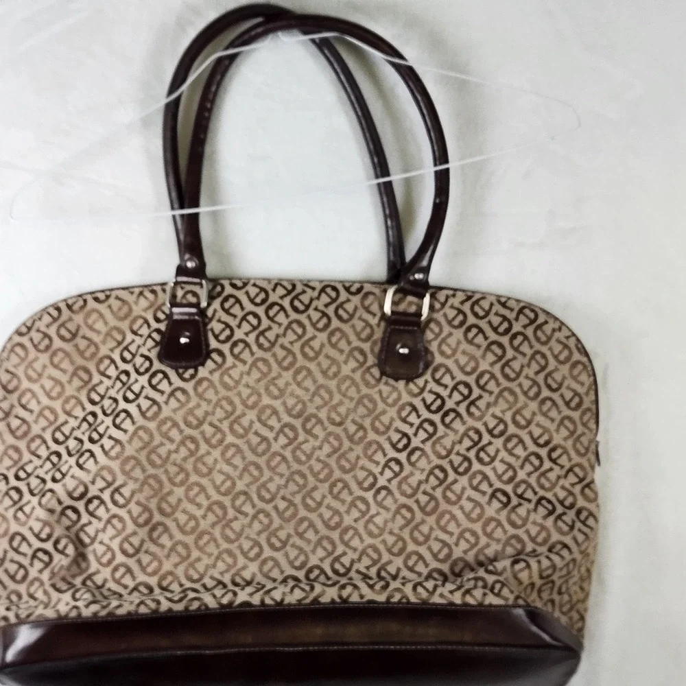 Vtg Etienne Aigner Monogram Tote‎ Travel Bag Brown Leather Trim Lg Logo Satchel
